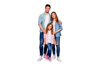 Full size photo of dad mom and little foxy lady posing for family portrait wear casual clothes isolated purple background