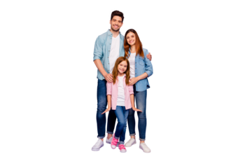 Full size photo of dad mom and little foxy lady posing for family portrait wear casual clothes isolated purple background