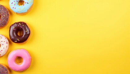 Several donuts on the left, yellow background, with copy space. top view, perfect for bakery promotions, dessert menus, or confectionery blogs. Generative AI