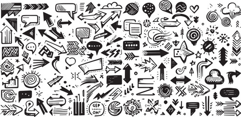 Abstract arrows and Speech bubbles set. Various doodle arrows and speech balloons with grunge texture. Vector collection of hand drawn abstract vintage infographics