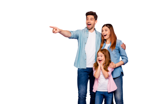 Photo of three family members visiting zoo indicating funny animal wear casual clothes isolated purple background