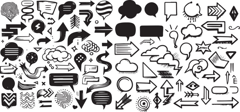Abstract arrows and Speech bubbles set. Various doodle arrows and speech balloons with grunge texture. Vector collection of hand drawn abstract vintage ivector
