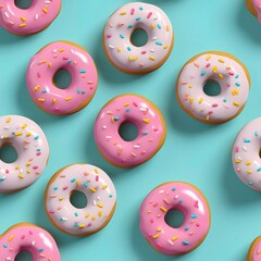 A row of donuts with sprinkles on top. The donuts are of different colors and sizes. Generative AI
