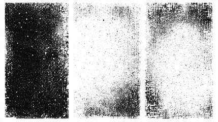 Three distinct abstract grunge textures featuring a monochromatic palette of black and grey, each with unique surface details