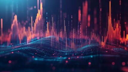 Obraz premium Visual representation of sound waves and data patterns in a vibrant digital landscape at night