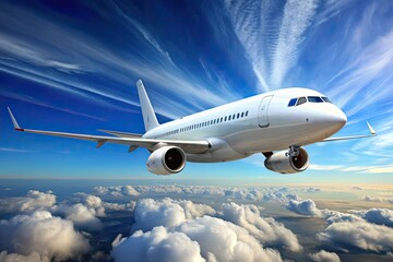 Obraz premium A high-quality, isolated white commercial airliner with a slight tilt, set against a clear blue sky with a subtle gradient and soft clouds.