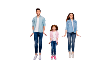Full size photo of three jumping high family members wear casual clothes isolated purple background