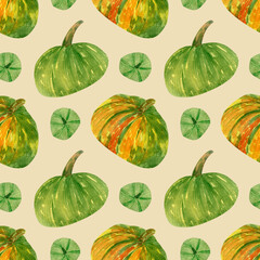 Watercolor pumpkins background. Seamless pattern with green and orange pumpkin on beige background for halloween and autumn textile, fabric texture, wallpapers, decor