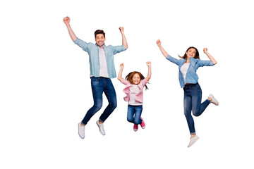 Full length photo of three cheerful jumping high family members wear casual clothes isolated purple...