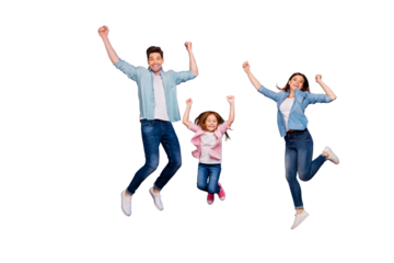 Full length photo of three cheerful jumping high family members wear casual clothes isolated purple background