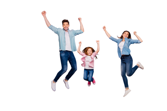 Full length photo of three cheerful jumping high family members wear casual clothes isolated purple background