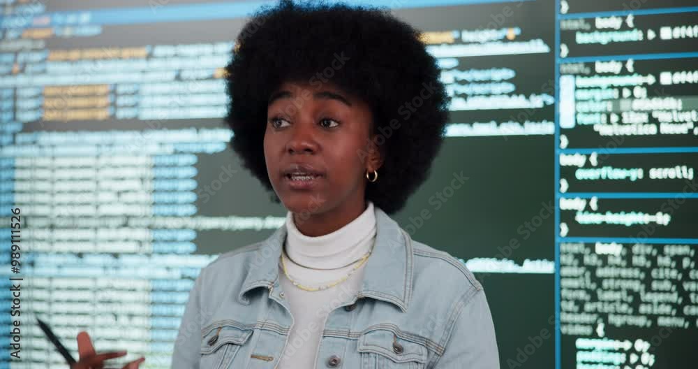 Poster Presentation, programming and workshop with black woman in office of web development company for coaching. Screen, software and seminar with coding in creative workplace for speech on website design