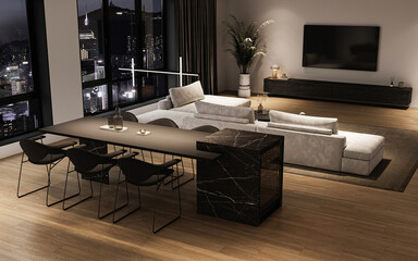 Modern living room features chic furniture and an impressive urban view to enjoy, 3d rendering