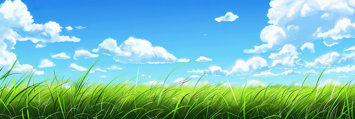 Obraz premium Grass Green Fields Background with Tiny Clouds