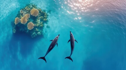 Dolphins Swimming Near Vibrant Coral Reef Underwater