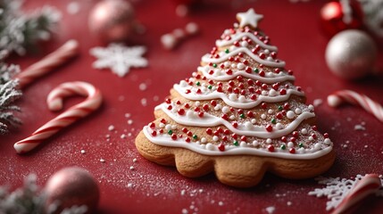 Gingerbread cookie christmas tree a festive red background decorated with icing and colorful sprinkles surrounded by snowflakes and candy canes cheerful holiday greeting card concept