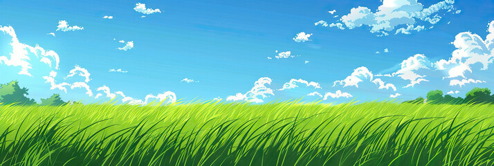 Obraz premium Grass Green Fields Background with Tiny Clouds