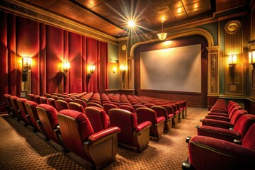 A large, dimly-lit cinema screen illuminated by a projected film, casting a warm glow on the empty, plush red seats in a vintage-style movie theater.