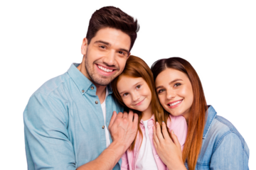 Photo of dad mom and little foxy lady posing for family portrait wear casual clothes isolated purple background