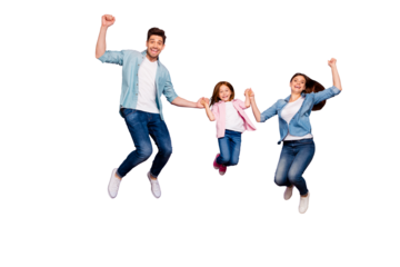 Full size photo of three jumping high family members celebrating good news wear casual clothes isolated purple background