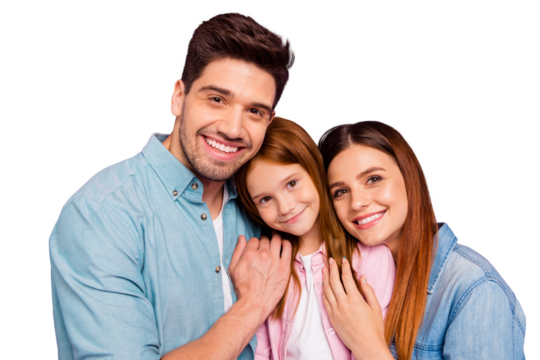 Photo of dad mom and little foxy lady posing for family portrait wear casual clothes isolated purple background