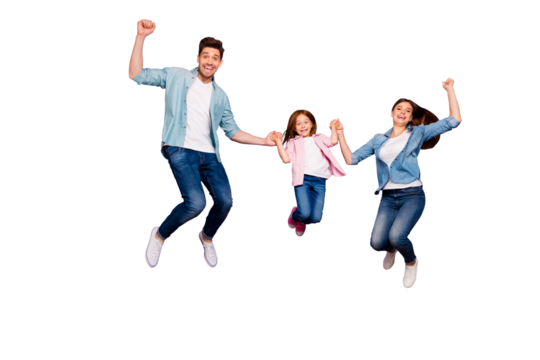 Full size photo of three jumping high family members celebrating good news wear casual clothes isolated purple background
