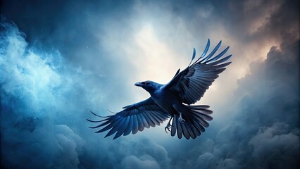 Obraz premium A lone crow spreads its sleek black wings, soaring through a misty morning sky with feathers ruffled, casting a silhouette against a soft, grayish-blue background.