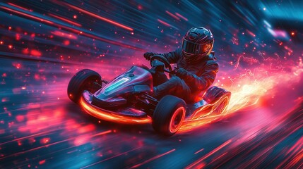 Dynamic neon go kart racing display featuring a futuristic racer navigating at high speeds vibrant gladers laser outlines in thrilling visual effects