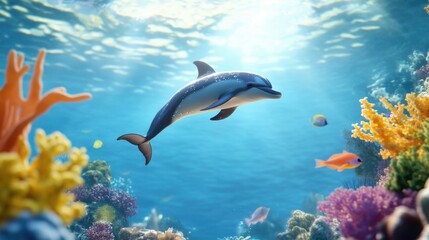 Fototapeta premium Dolphin Swimming in Vibrant Coral Reef Landscape