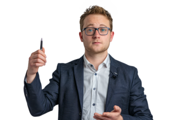 A young European businessman in a modern office outfit, gesturing with a pen, white background.