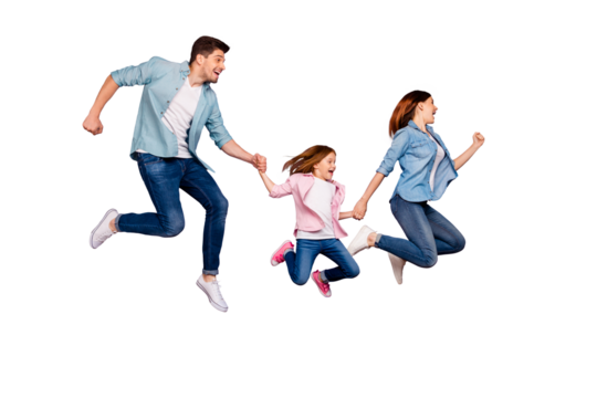 Full length photo of mom dad and foxy little lady walking sale shopping wear casual clothes isolated purple background