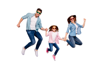 Full length photo of mom dad and foxy little lady ready for summer holidays wear casual clothes isolated purple background