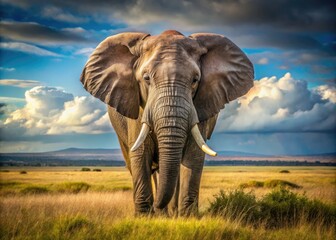 Fototapeta premium A majestic African elephant stands tall in a sun-drenched savannah, its wrinkled gray skin and tusks a testament to its ancient wisdom and gentle power.