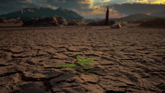 Small Green Plant Growing On Dry Ground Cracked And Dried-Up Land Soil Or Sand Surface. Drought, Lack Of Water, Climate Change, Heatwave, And Global Warming Disaster Concept