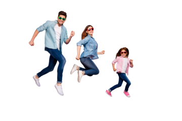 Full size photo of mom dad and foxy little lady walking beach wear casual clothes isolated purple background