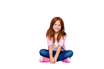 Full size photo of foxy little lady sitting floor friendly smiling wear casual clothes isolated purple background