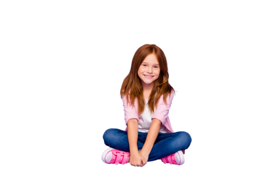 Full size photo of foxy little lady sitting floor friendly smiling wear casual clothes isolated purple background