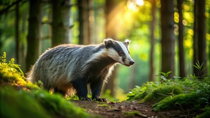 A majestic badger-like mammal with distinctive white stripes on its back, known as a stote, explores a lush forest floor under the dappled sunlight.