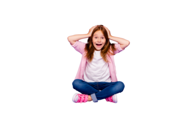 Full size photo of foxy little lady sitting floor listen cool news wear casual clothes isolated purple background