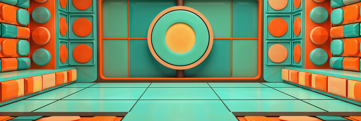 A vintage game show background, reminiscent of the 1970s, with a turquoise and orange color scheme, and psychedelic patterned walls.