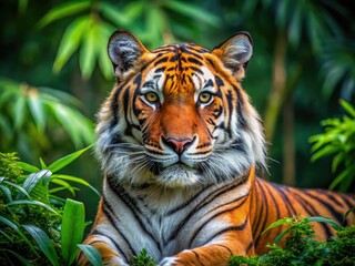 Fototapeta premium A majestic Bengal tiger with vibrant orange and black stripes lounges in a lush green forest, its piercing eyes gazing directly into the camera lens.