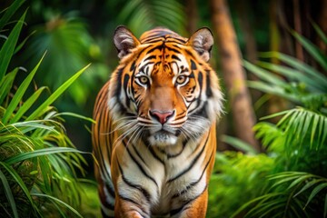 Fototapeta premium A majestic Bengal tiger, with vibrant orange and black stripes, confidently strides through a lush, green jungle, its piercing eyes fixed on the viewer.