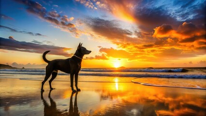 A majestic black dog's silhouette stands against a vibrant orange sunset, ears perked, tail held high, on a deserted beach with gentle waves rolling in.