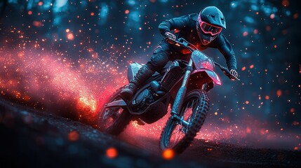 Rider skillfully maneuvers on a dirt bike through fiery trails with sparks flying The ambient lighting creates a dramatic effect highlighting the adrenaline rush and excitement of extreme sport