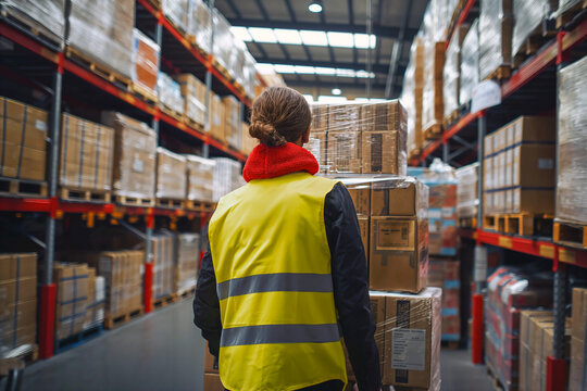 Magazziniere di spalle di fronte a dei bancali pieni di pacchi in un magazzino industriale