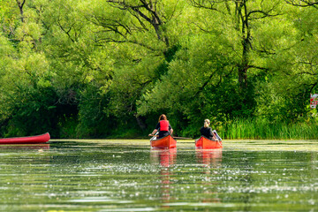 people canoeing on the toronto islands in summer room for text