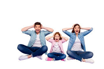 Foster family of three members sit floor holding head won lottery wear casual clothes isolated purple background