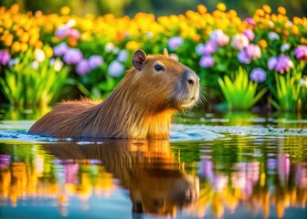 A majestic capybara, also known as chiguire, swims in a serene lake surrounded by lush greenery and vibrant flowers in its natural habitat.