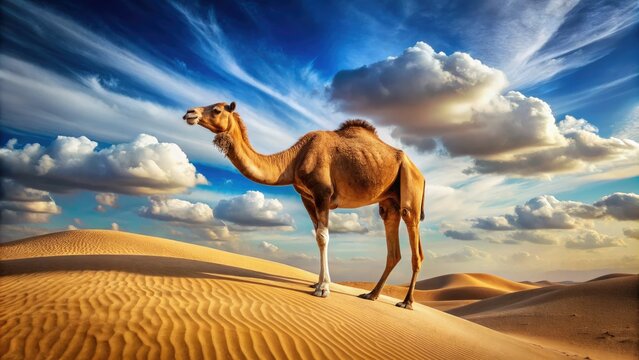 A majestic camel poses proudly on a sun-kissed desert dune, its distinctive hump standing tall against a brilliant blue sky with wispy white clouds.