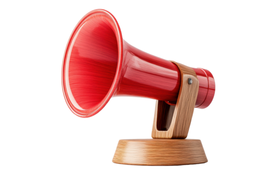 Vintage red megaphone on wooden stand, white isolated background. transparent background